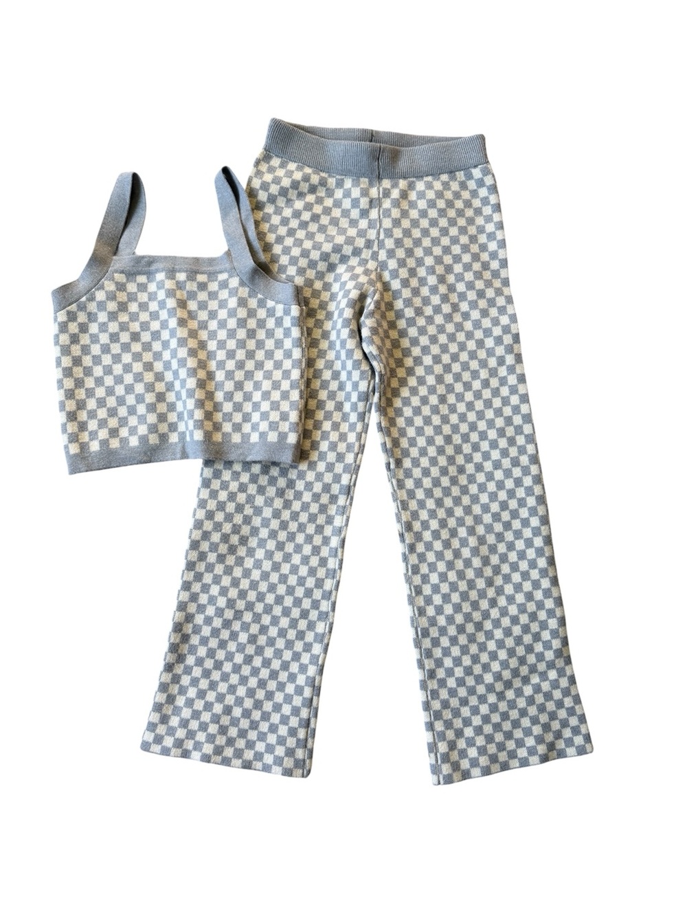 Rylee + Cru Gray Slate Checkered Crop Tank Wide Leg Pants Knit Set Lounge 8-9 Y